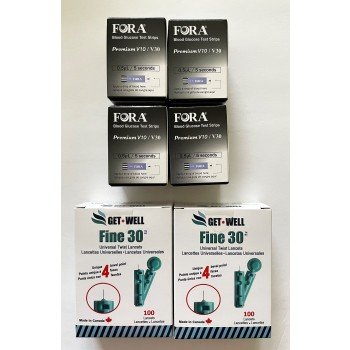 FORA V30/G30/PREMIUM V10 BLOOD GLUCOSE TEST STRIPS 200 CT. (EXP 08/2026) & GET•WELL FINE 30G UNIVERSAL TWIST LANCETS 200 CT.