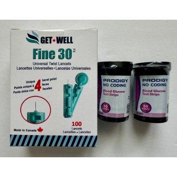 PRODIGY BLOOD GLUCOSE TEST STRIPS 100 CT. & GET•WELL FINE 30G UNIVERSAL TWIST LANCETS 100 CT.