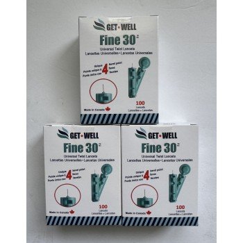  3 Packs for  $9.49 !!! GET•WELL Fine 30g Universal Twist Lancets - Made in Canada !  Pack of 3 Boxes