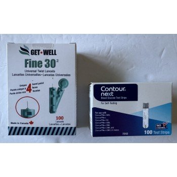 Contour Next Blood Glucose 100 Test Strips & 100 GetWell Fine 30g Universal Twist Lancets, EXPIRATION 04/27