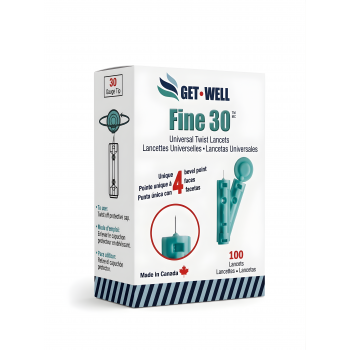 GET•WELL Fine 30g Universal Twist Lancets - Made in Canada ! Unique 4 Bevel Tip Offers Quick Healing & Less Pain !