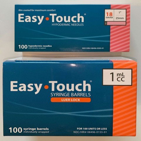 EasyTouch 1ml Luerlock Syringe Barrel with 18g x 1" Needle - 100 Each. 