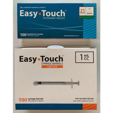 EasyTouch 1ml Luerlock Syringe Barrel with 21g x 1" Needle - 100 Each. 