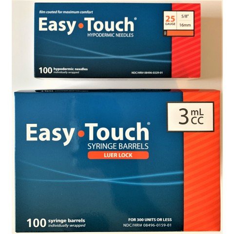EasyTouch 3ml Luerlock Syringe Barrel with 25g x 5/8" Needle - 100 Each. 