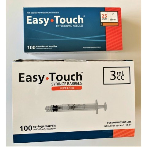 EasyTouch 3ml Luerlock Syringe Barrel with 25g x 1" Needle - 100 Each. 