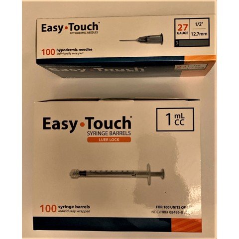EasyTouch 1ml Luerlock Syringe Barrel with 27g x 1/2" Needle - 100 Each.