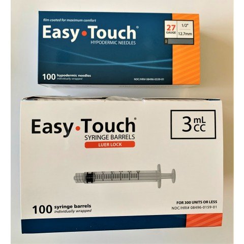 EasyTouch 3ml Luerlock Syringe Barrel with 27g x 1/2" Needle - 100 Each. 