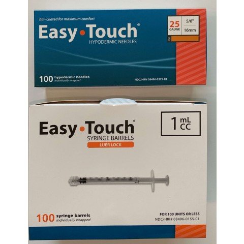 EasyTouch 1ml Luerlock Syringe Barrel with 25g x 5/8" Needle - 100 Each. 