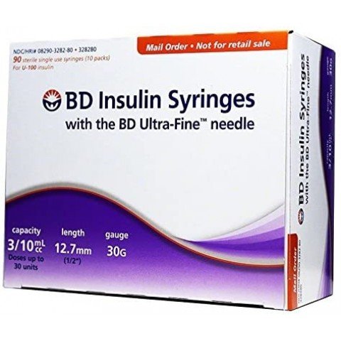 BD Ultra-Fine Insulin Syringes 30G 0.3cc  1/2" (12.7mm) BD Item # 328280 - Box of 90 (EXPIRATION 9/30/2024)