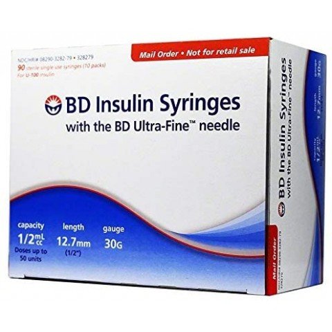 BD Ultra-Fine Insulin Syringes 30G 0.5cc  1/2" (12.7mm) BD Item # 328279 - Box of 90
