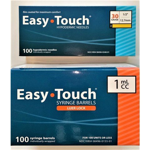 EasyTouch 1ml Luerlock Syringe Barrel with 30g x 1/2" Needle - 100 Each.