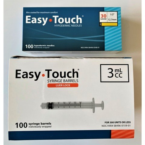 EasyTouch 3ml Luerlock Syringe Barrel with 30g x 1/2" Needle - 100 Each. 