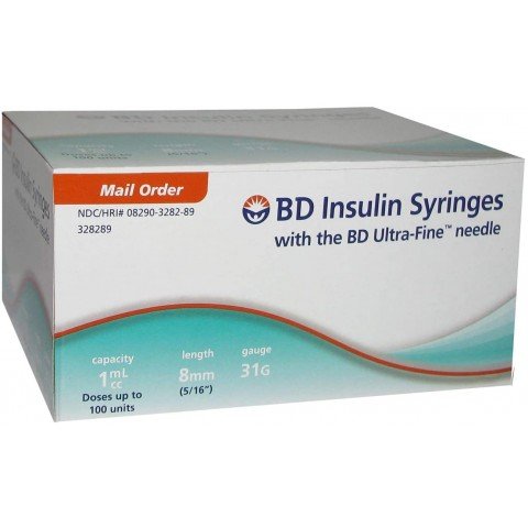BD Ultra-Fine Insulin Syringes 31G 1cc 5/16" (8mm) BD Item # 328289 - Box of 90  