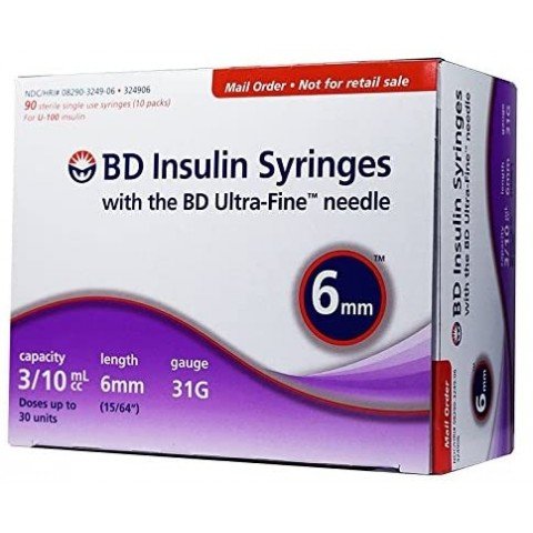 BD Ultra-Fine Insulin Syringes 31G 0.3cc  1/4" (6mm) BD Item # 324906 - Box of 90