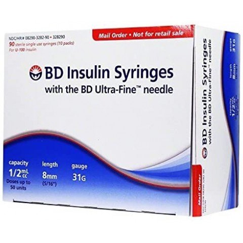 BD Ultra-Fine Insulin Syringes 31G 0.5cc 5/16" (8mm) BD Item # 328290 - Box of 90
