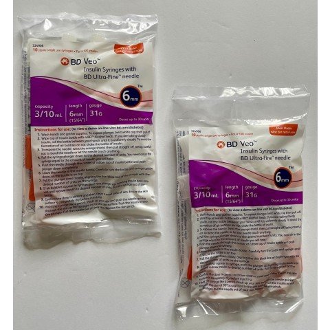 BD Ultra-Fine Insulin Syringes 31G 0.3cc  1/4" (6mm) BD Item # 324906 - 20 Count