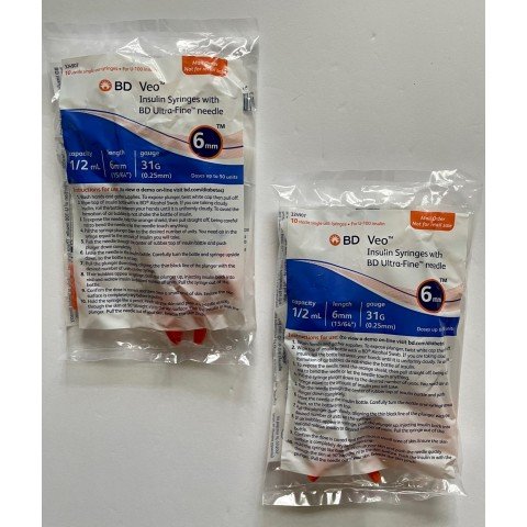BD Veo™ Insulin Syringes Ultra-Fine™ Needle 31G  0.5cc 1/4" (6mm). BD Item # 324907 - 20 Count