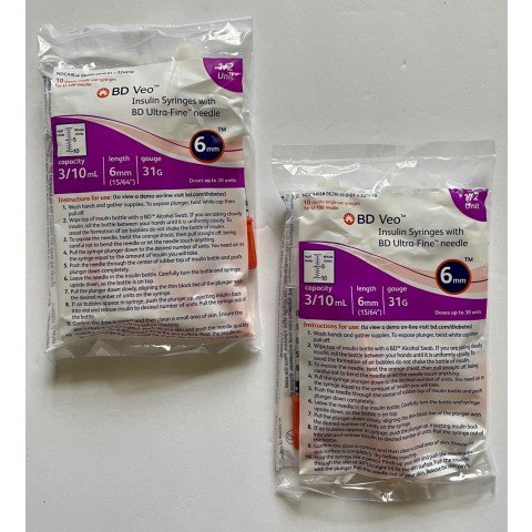 BD Veo™ Insulin Syringes Half Unit Scale Ultra-Fine™ Needle 31G 0.3cc 1/4" (6mm) BD Item # 324910 - 20 Count
