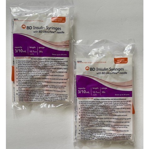 BD Ultra-Fine Insulin Syringes 30G 0.3cc  1/2" (12.7mm) BD Item # 328280 - 20 Count (EXPIRATION 9-30-24)