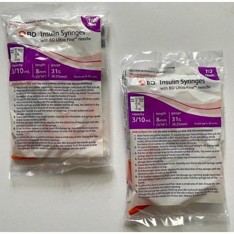BD Insulin Syringes Half Unit Scale Ultra-Fine™ Needle 31G 0.3cc 5/16" (8mm) BD Item # 328440 - 20 Count