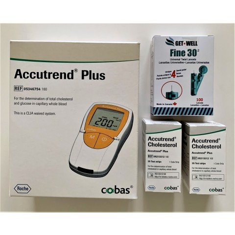 Accutrend Plus Cholesterol Meter Starter Kit - Includes Meter, 50 Cholesterol Test Strips Expiration 6/30/2024, 1 Lancing Device & 100 GET•WELL Lancets