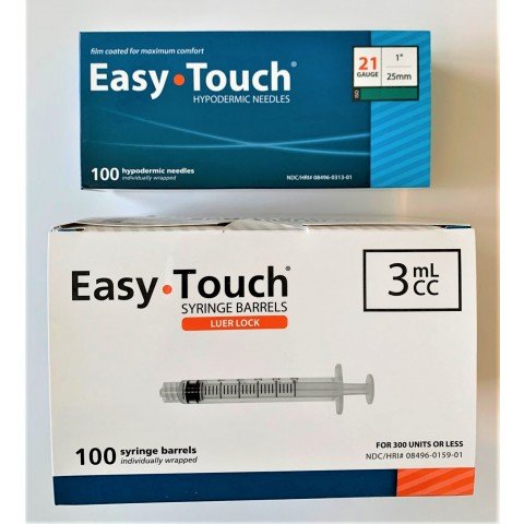 EasyTouch 3ml Luerlock Syringe Barrel with 21g x 1" Needle - 100 Each. 