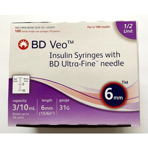 BD Veo™ Insulin Syringes Half Unit Scale Ultra-Fine™ Needle 31G 0.3cc 1/4" (6mm) BD Item # 324910 - Box of 100
