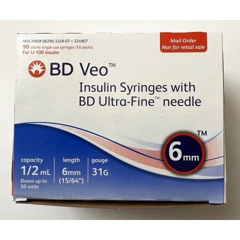 BD Veo™ Insulin Syringes Ultra-Fine™ Needle 31G  0.5cc 1/4" (6mm). BD Item # 324907 - Box of 90