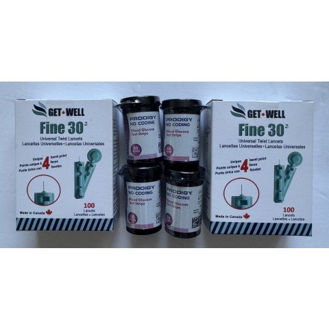 PRODIGY Blood Glucose Test Strips 200 Ct. & GET•WELL Fine 30g Universal Twist Lancets 200 Ct.