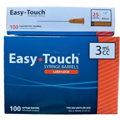 EasyTouch 3ml Luerlock Syringe Barrel with 25g x 1.5" (40mm) Needle - 100 Each. 