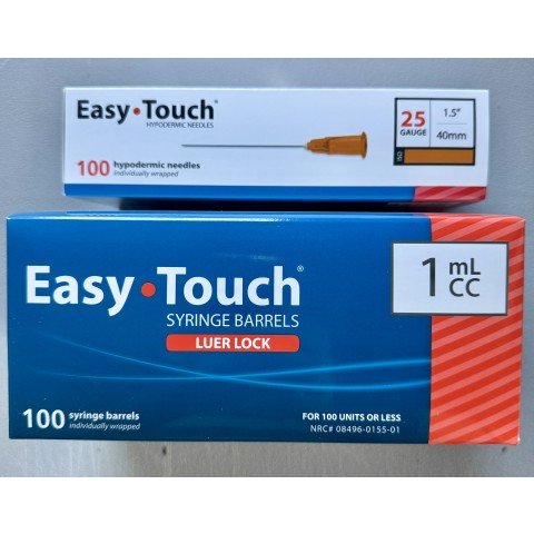 EasyTouch 1ml Luerlock Syringe Barrel with 25g x 1.5" (40mm) Needle - 100 Each.
