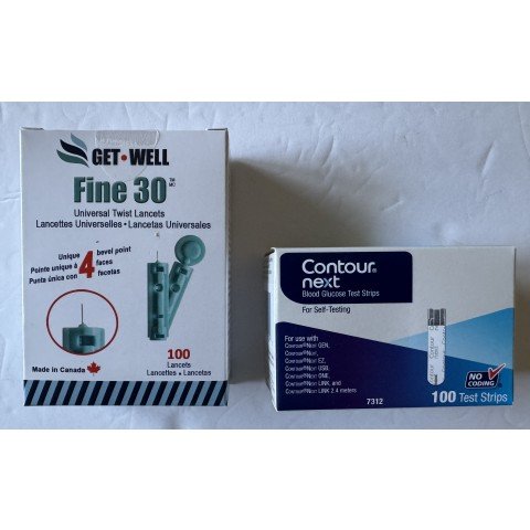 Contour Next Blood Glucose 100 Test Strips & 100 GetWell Fine 30g Universal Twist Lancets, EXPIRATION 04/27