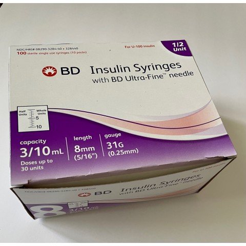 BD Insulin Syringes Half Unit Scale Ultra-Fine™ Needle 31G 0.3cc 5/16" (8mm) BD Item # 328440 - Box of 100
