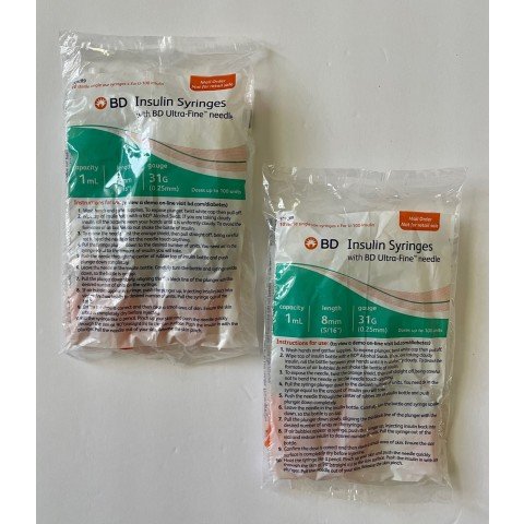 BD Ultra-Fine Insulin Syringes 31G 1cc 5/16" (8mm) BD Item # 328289 - 20 Count