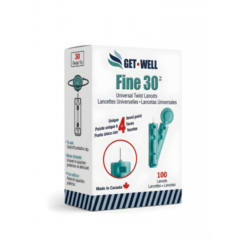 GET•WELL Fine 30g Universal Twist Lancets - Made in Canada ! Unique 4 Bevel Tip Offers Quick Healing & Less Pain !