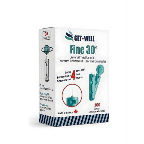 GET•WELL Fine 30g Universal Twist Lancets - Made in Canada ! Unique 4 Bevel Tip Offers Quick Healing & Less Pain !