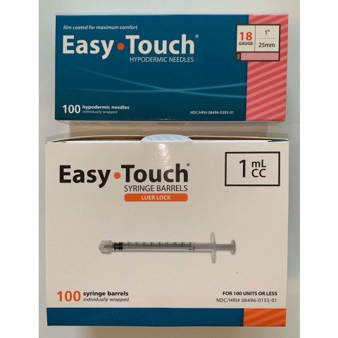 EasyTouch 1ml Luerlock Syringe Barrel with 18g x 1" Needle - 100 Each. 