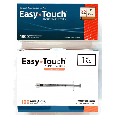 EasyTouch 1ml Luerlock Syringe Barrel with 25g x 1" Needle - 100 Each.