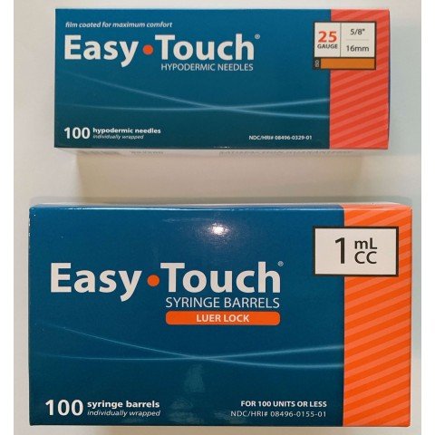 EasyTouch 1ml Luerlock Syringe Barrel with 25g x 5/8" Needle - 100 Each. 