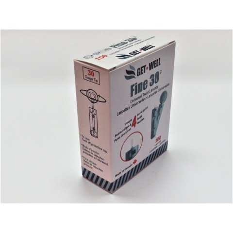 GET•WELL Fine 30g Universal Twist Lancets - Made in Canada ! Unique 4 Bevel Tip Offers Quick Healing & Less Pain !