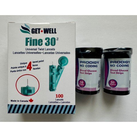 PRODIGY BLOOD GLUCOSE TEST STRIPS 100 CT. & GET•WELL FINE 30G UNIVERSAL TWIST LANCETS 100 CT.
